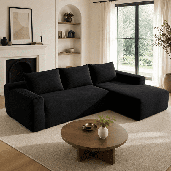 Yomsum Black Corduroy L-Shaped Sectional Sofa, Modern Corner Couch with Chaise Lounge, High Resilience Cushion Upholstered Sofa Furniture for Living Room Apartment Home Office