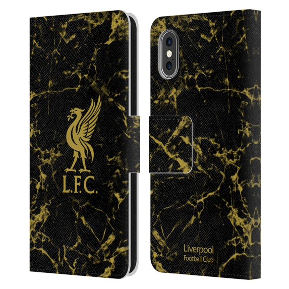 Head Case Designs Officially Licensed Liverpool Football Club Crest & Liverbird Patterns 1 Black & Gold Marble Leather Book Wallet Case Cover Compatible With Apple iPhone X / iPhone XS
