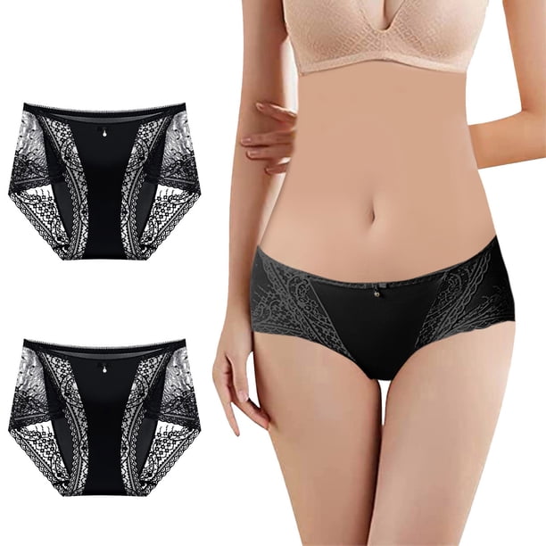 Gibobby Panty Microfibra con Encaje Ropa interior cómoda de seda de hielo grande para mujer Ropa interior sólida de tiro medio sin rieles para mujer(Negro, XL)
