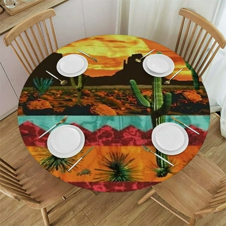 

Qlo0ole Round Tablecloth with Backing Table Cloth Waterproof Oil-Proof Plastic Table Cover Sunset On A Desert Night Round Tablecloth 42-46