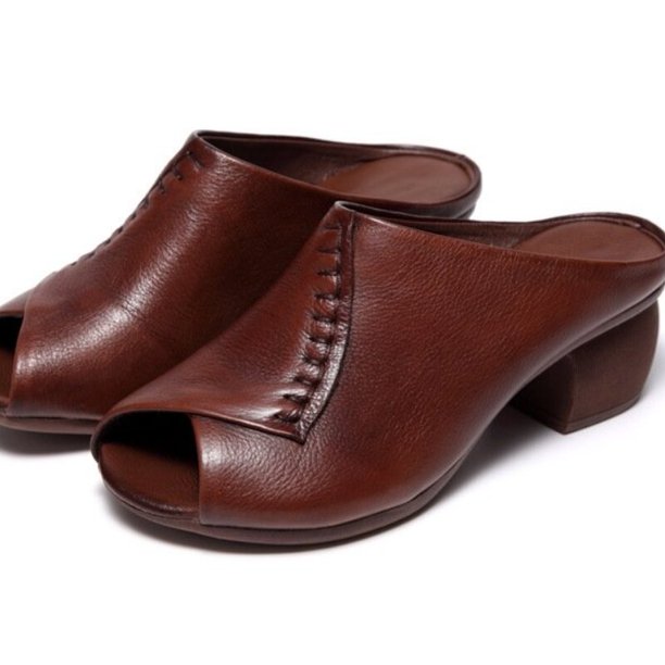 Zapatillas exteriores de cuero suave de tacón grueso boca de pescado cómodas y versátiles sandalias de tacón medio para mujer zapatos de madre para mujer Women36 Gao Jinjia LED