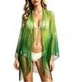 thumbnail image 3 of Hesxuno Mesh Summer Cardigans for Women Longline Beach Open Front Cover Up Fringe Boho Casual Kimono Cardigan Swimwear Bikini Coverup Green Free Size, 3 of 7