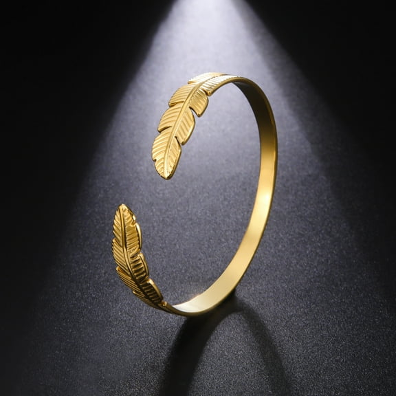 14K Yellow Gold Women's Bracelet With Golden Silver Color Geometric Feather Open Cuff Bangle Bracelet, Femme Retro Jewelry