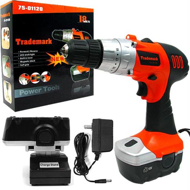 18V Cordless Drill with Rechargeable Battery, Built In LED Light, Level
