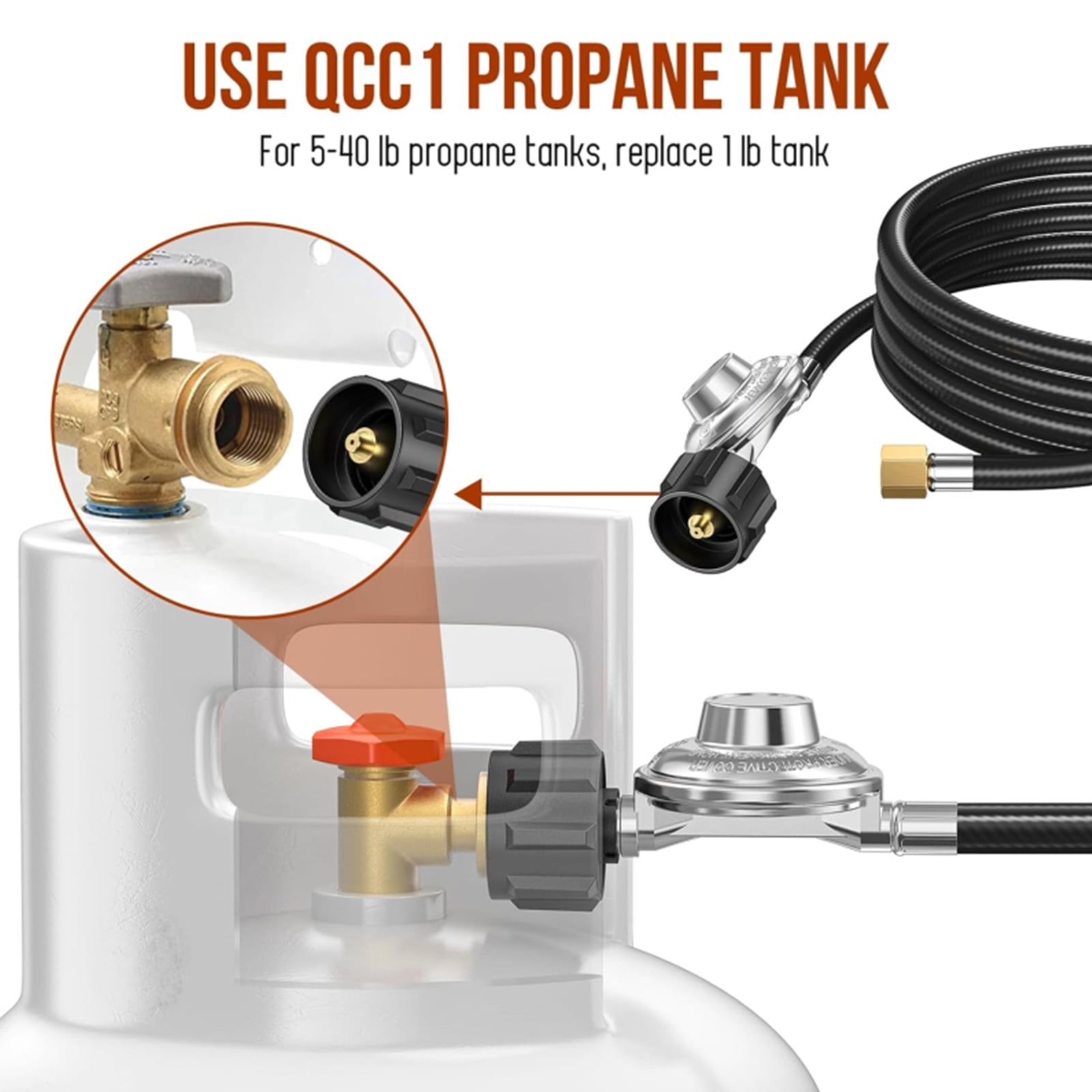 PatioGem 12FT Propane Adapter Hose with Regulator, QCC1 Gas Grill Regulator and Hose with Elbow Adapter for 17" and 22" Blackstone Tabletop Griddle and Most LP Gas Grill with 3/8'' Connect Fitting