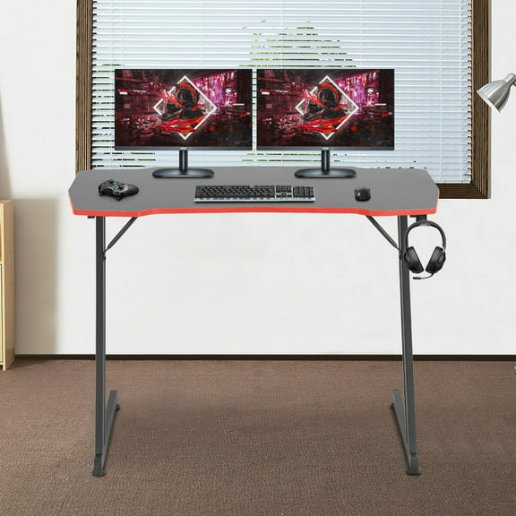 CZMDZH Gmaing Desk PC Computer Desk Z Shaped Gaming Workstation Ergonomic Gaming Table with Headphone Hook for Home Office,Red,39 in
