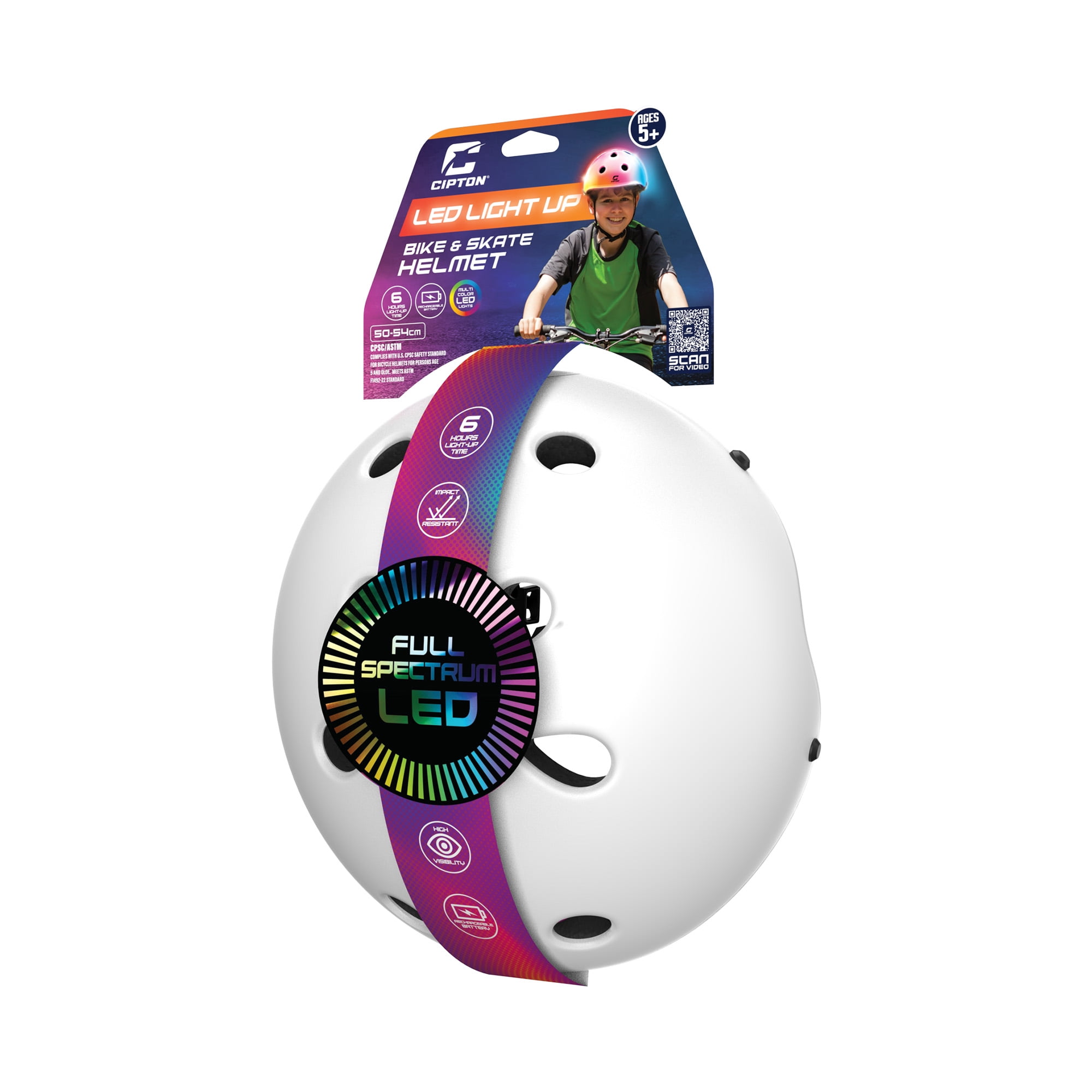 CIPTON LED Light Up Bike & Skate Helmet, USB Rechargeable Full Spectrum LED Helmet with 6 Light Modes, Adjustable 54-58 cm, Ages 8+, Multicolor
