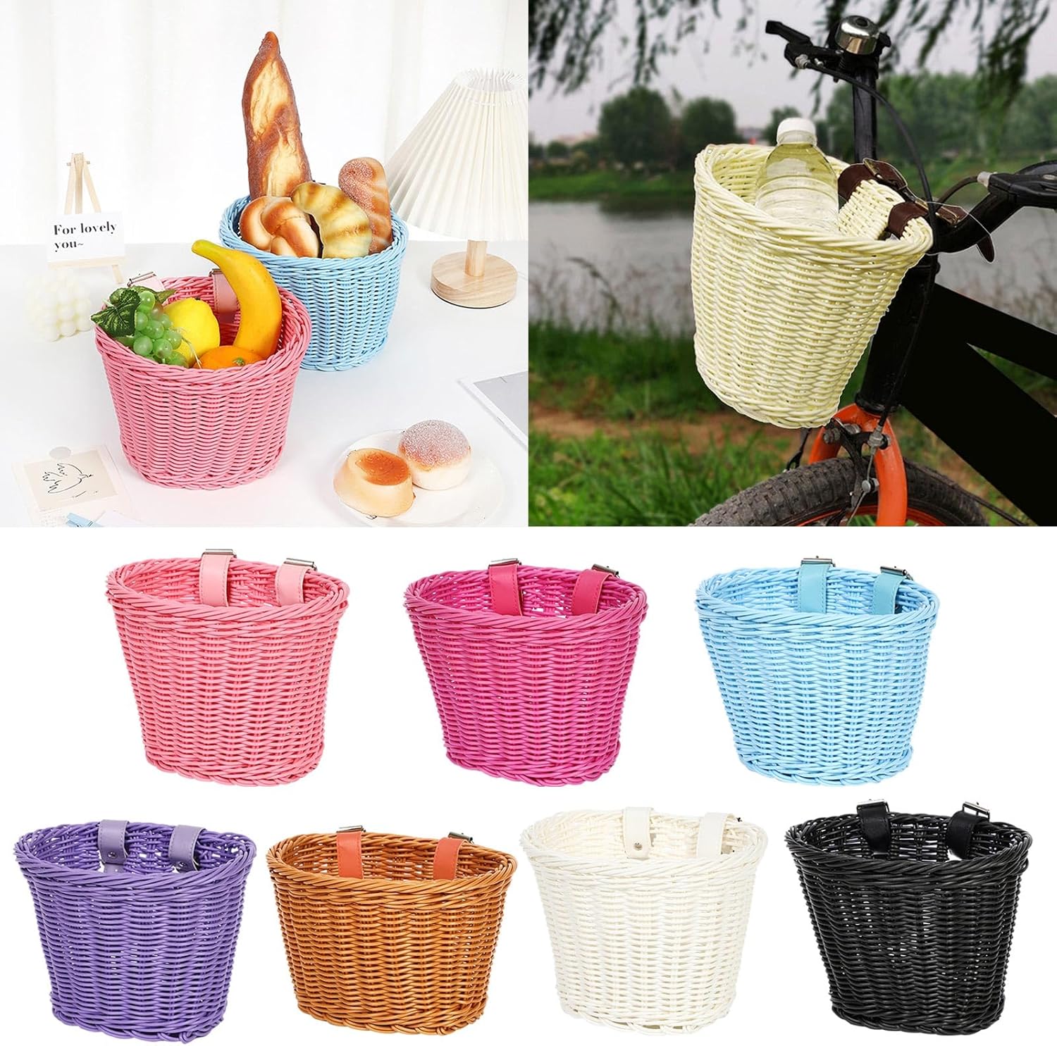 Kids Bike Front Basket Waterproof Plastic Woven Wicker for Boys and Girls Coffee 8.27x5.90x5.90inch