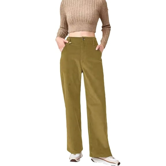 ibiyuan Corduroy Pants Women Wide Leg Corduroy Pants for Women Casual Work Pants Straight Leg Elastic Waist Solid Color Harem Pants with Pockets,Khaki