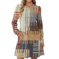thumbnail image 4 of CharmCyan Women's Long Sleeve Pleated Round Neck Plaid Stripe Print Casual Dress With Pockets Beige L, 4 of 5