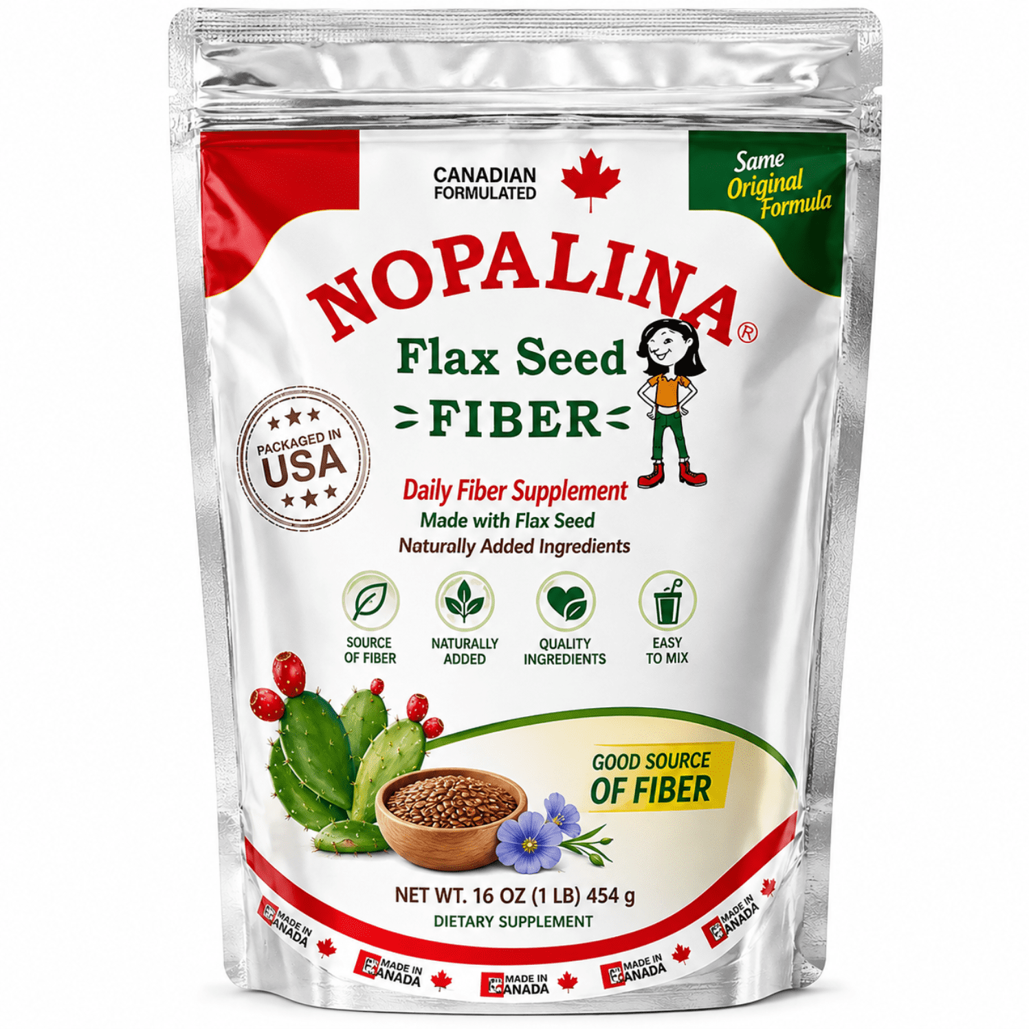 Nopalina Flax Seed Fiber Powder, Original Formula, Daily Fiber Supplement, Easy to Mix with Water, Juice or Smoothies, Canadian Flax Seed Blend, 16 oz (1 lb)