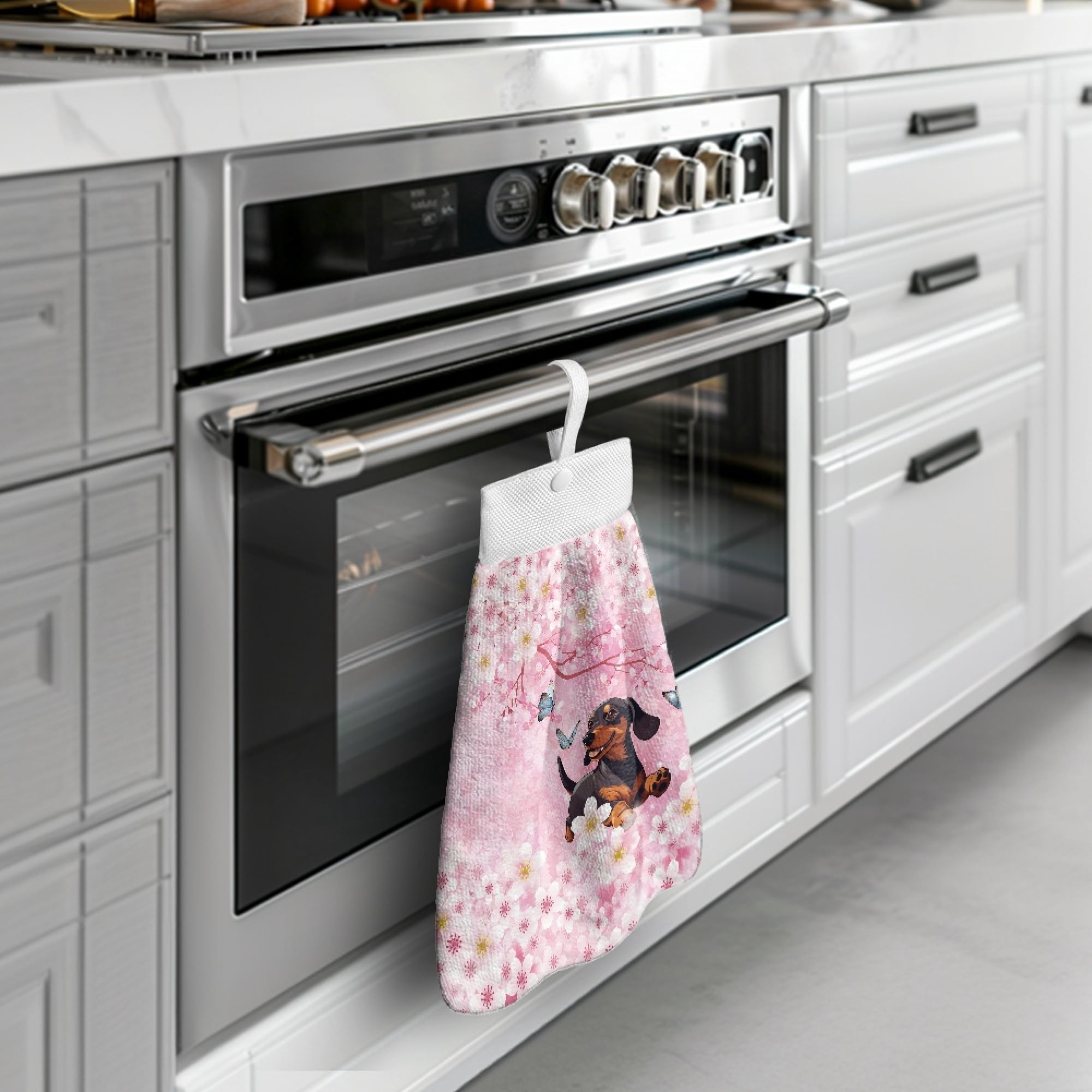 ZIATUBLE Cherry Blossom Kitchen Hanging Towels Dachshund Butterfly Hand Towels Loop Pack of 3 Absorbent Hand Towels for Bathroom Lightweight Dish Towel Hand Towels Soft Dish Tie Towel