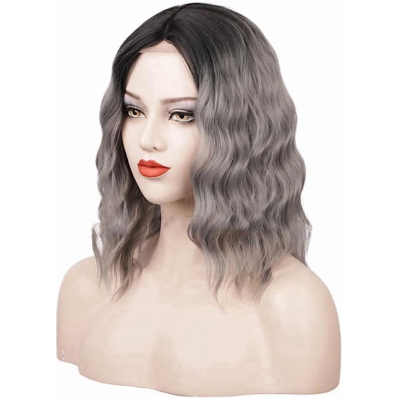 Fiykzur 14 Inch Synthetic Wavy Lace Wig for Women - Adjustable, Breathable, Natural Looking Dark Gray Wig for Daily & Party Use