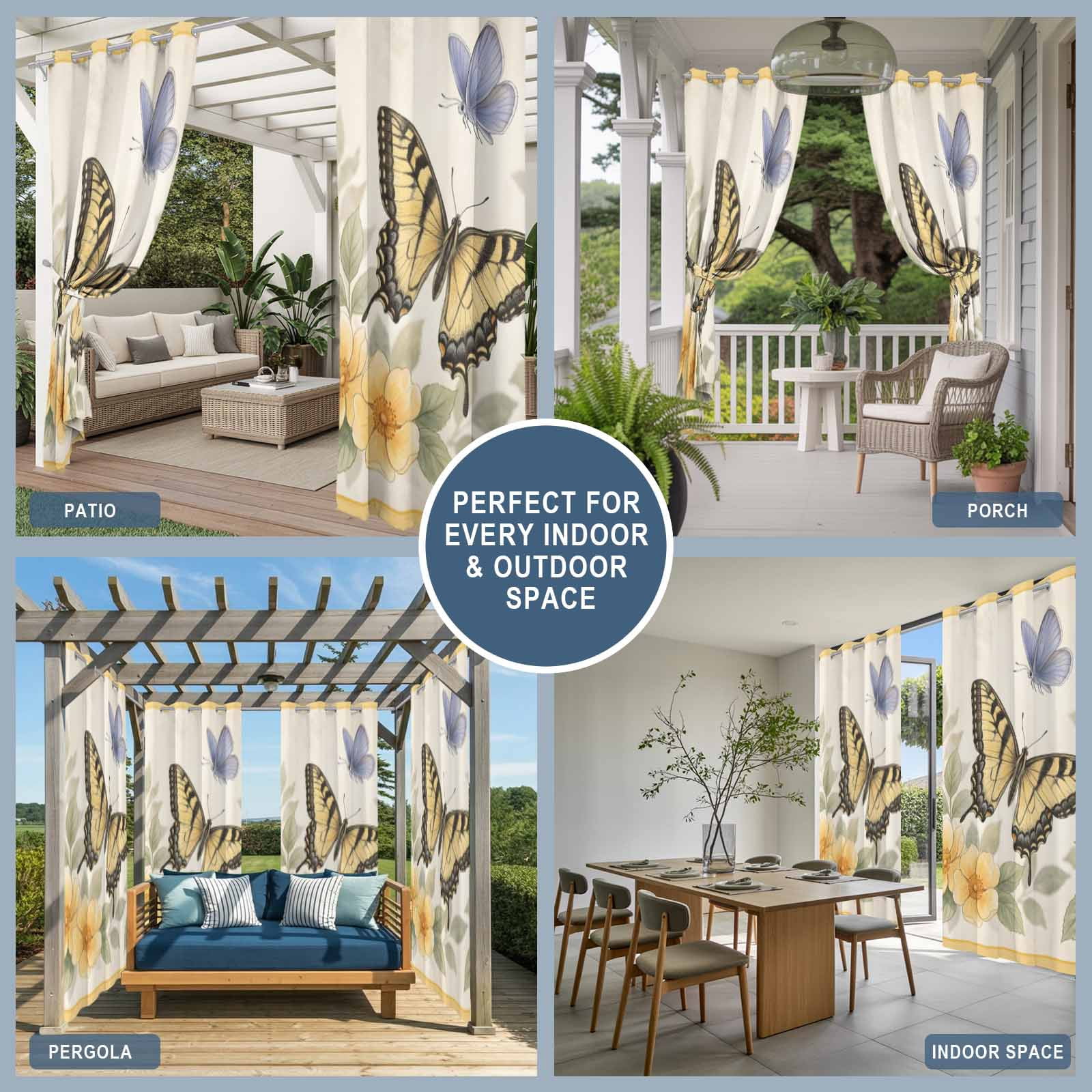 Yellow Flower Outdoor Curtains for Patio, Blue Butterfly Watercolor Green Leaf Spring Sunshade Privacy Drapes Grommet Waterproof Outside Curtains for Porch/Cabana/Balcony 54"x 108", 1 Panel