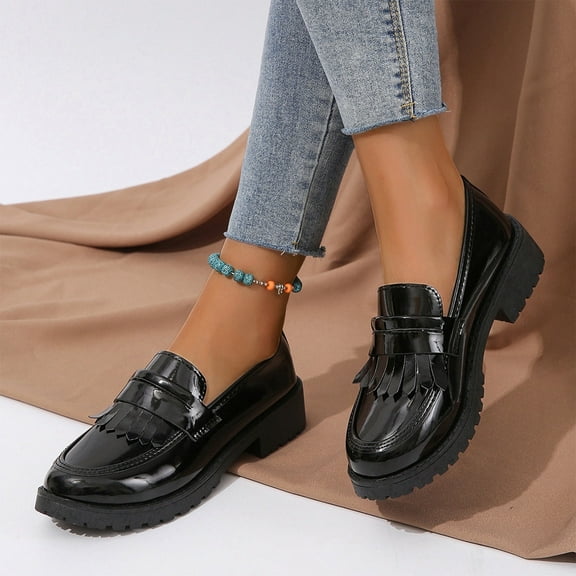 Hoshose Fashion Womens Chunky Leather Shoes Tassel Slip on Single Walking Shoes for Women Soft Soled Comfortable Loafer Shoes