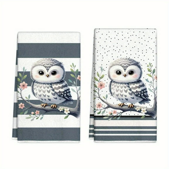 Decorative Kitchen Dish Towel, Gray Owl Design with Floral Pattern, 16 x 24 inches