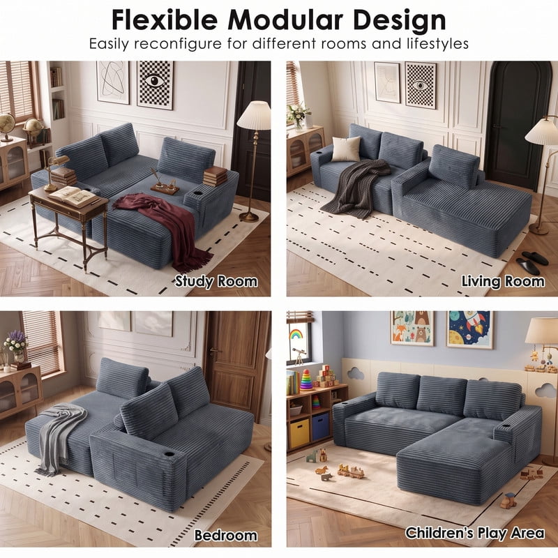 Anpport 104" Boneless Cloud Modular Sectional Couch, Corduroy Sofa with Cup Holders, Side Pockets, Deep Seat, No Assembly Required for Living Room, Gray (R‑Shaped, Right Facing Chaise)