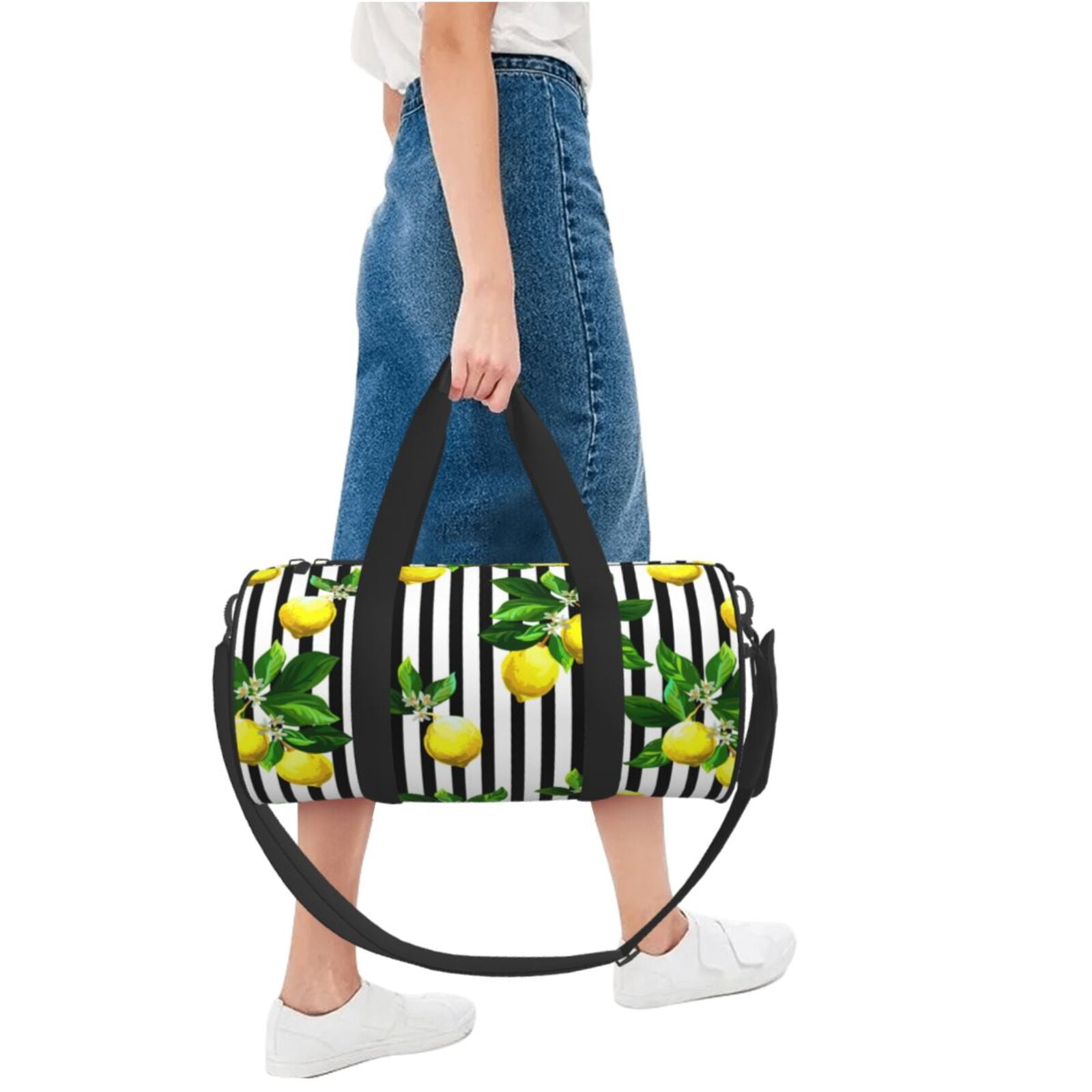 Vsdgher Lemons on Striped 45L Foldable Duffel Bag, Sports Gym Bag,Overnight Bag, Portable Weekender Bag for Airplanes