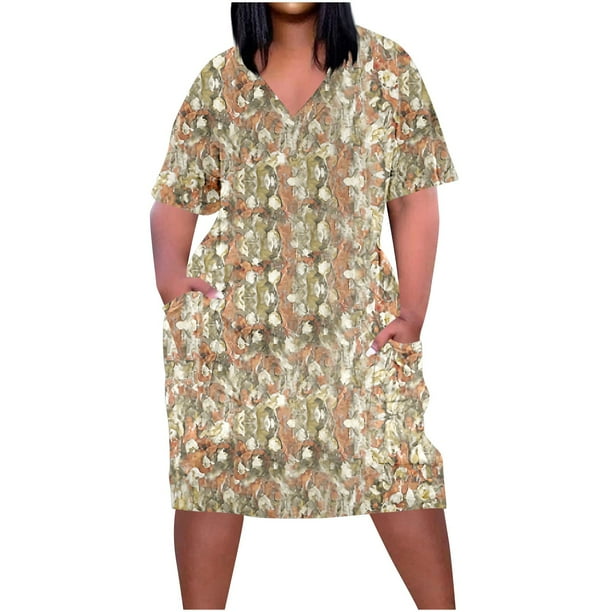 Vestido Corto de Verano Moda Grande Impresión de Manga Corta Cuello en V Bolsillo Mini Vestido para Casual Y Diario