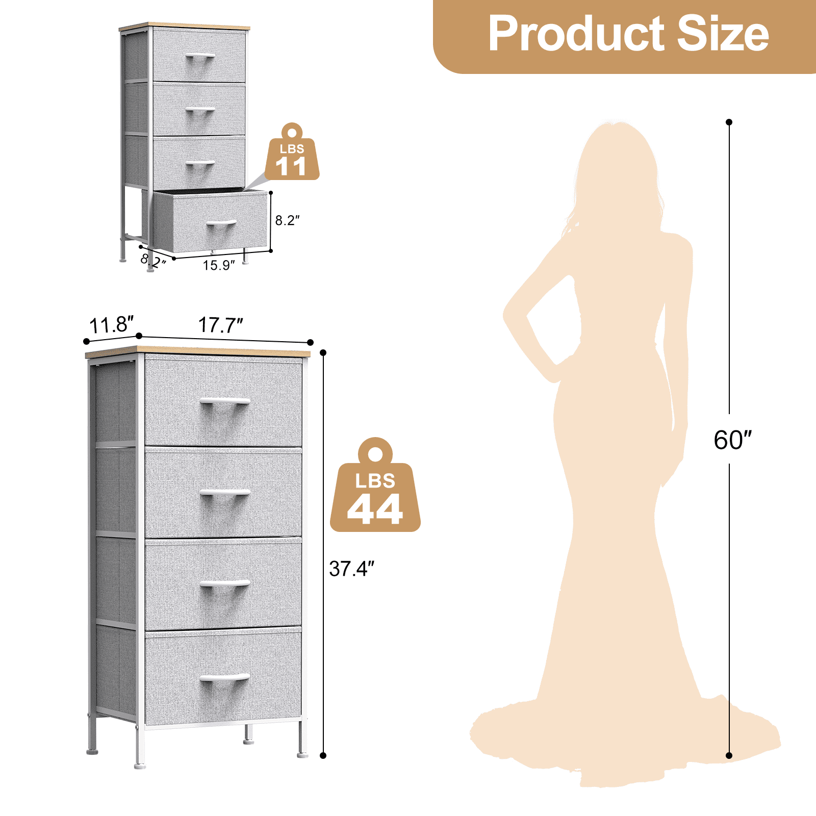 TrumanPick 4 Drawer Dresser for Bedroom, Tall Fabric Chest of Drawers with Wood Top, Fabric Storage Tower Nightstand for Bedroom Nursery Closet, Metal Organizer Unit for Living Room, Light Gray