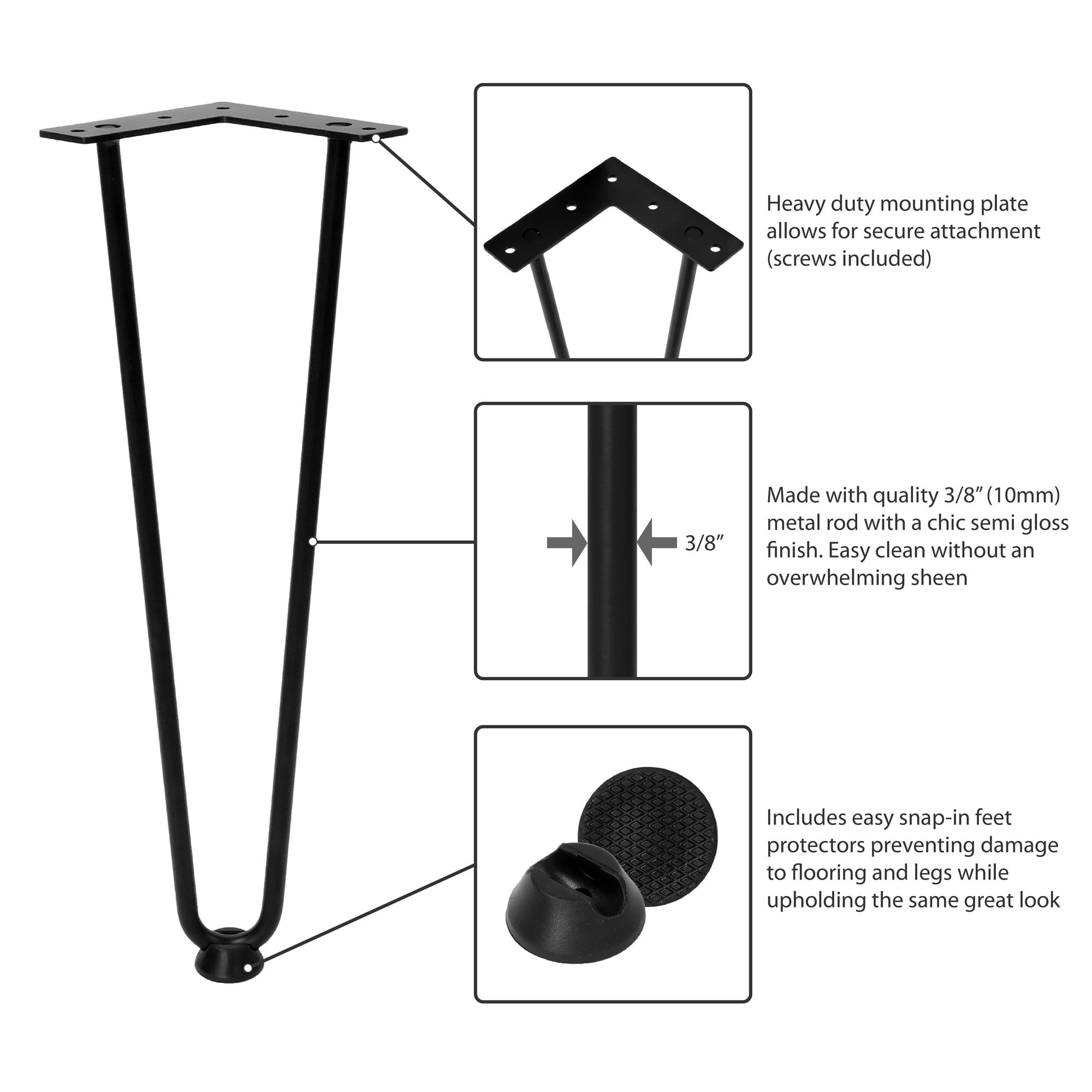 Pieds De Table En épingle à Cheveux VARIVIDA - Lot De 4 Pieds De 41cm Avec 3 Tiges - Noir