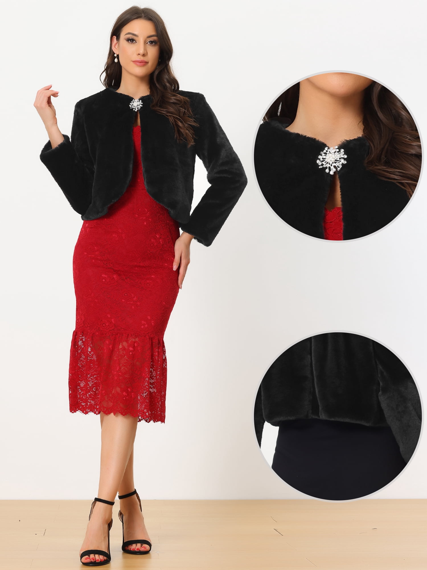 DARING DIVA Women's Formal Bolero Shrug Cropped Faux Fur Jacket M Black