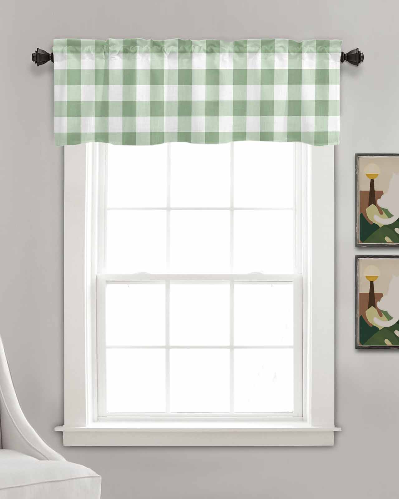 Sage Green Lattice Linen Curtain Valance for Bedroom/Bathroom/Kitchen/Office/Living/Dining Room Windows, Farmhouse Pastoral Buffalo White Check Rod Pocket Topper Decorative Cafe Drapes Panel 54"x18"