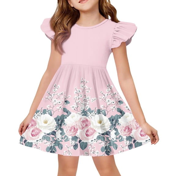 Abcomgle Summer Dress for Girls 14-16 Casual A-Line Flutter Sleeve Tshirt Dresses Floral Print Pleated Crew Neck Swing Sundresses for 4-14t Kids,Pink