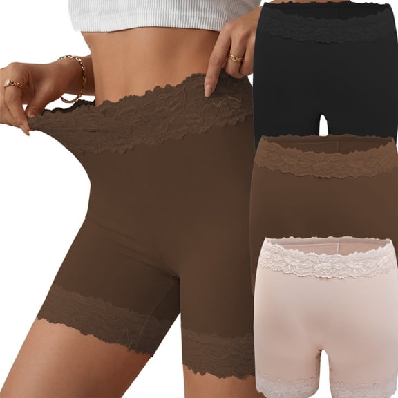 Women Non Rolling High Waist Seamless Boyshort Nylon Soft Double Lace Trim Casual Under Skirt Layering Safety Shorts Brown S
