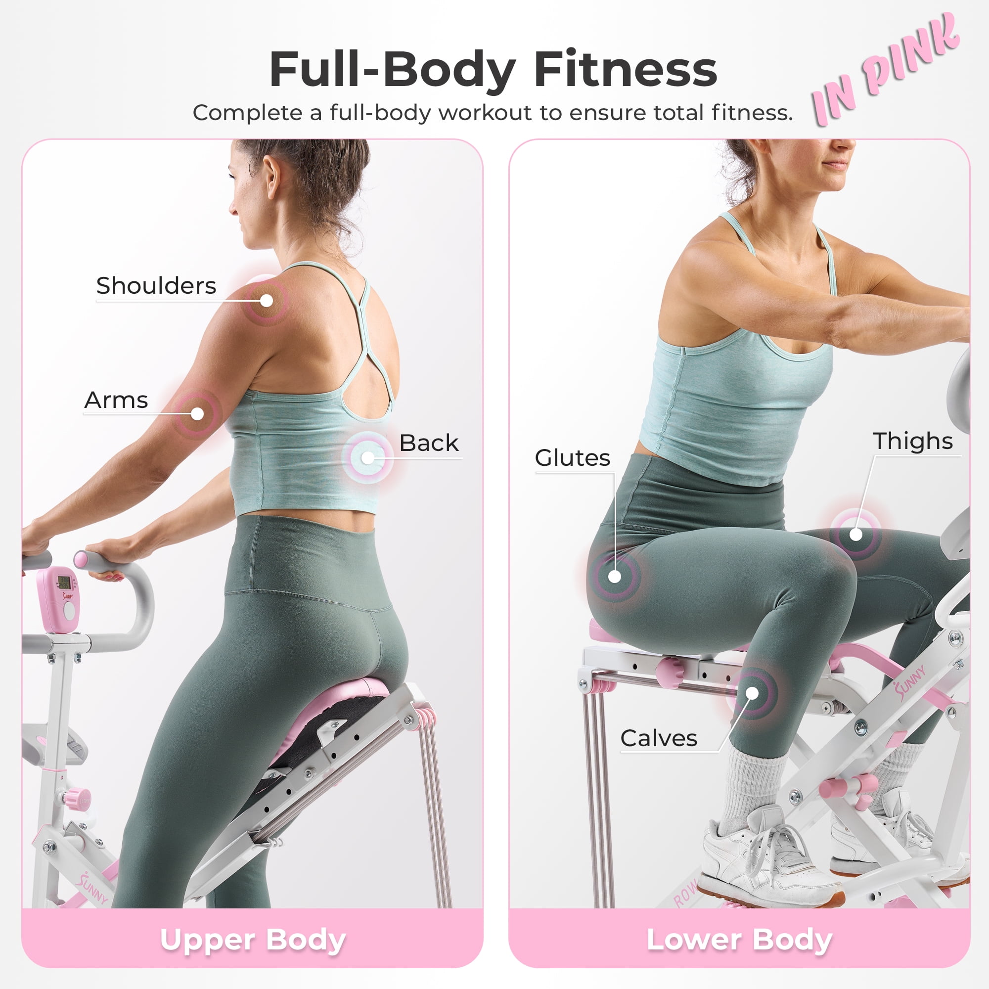 Sunny Health & Fitness Pink Row-N-Ride Plus, Squat Assist Rower for Glutes and Full Body Workout, 330 LB Capacity and Free Access to SunnyFit App - P2100SMART