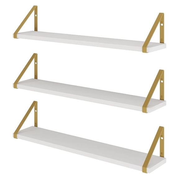 White Floating Shelves Set of 3 - Wall Mounted Shelves for Living Room, Bedroom, Bathroom - 24x4.5 Inch Decorative Shelves with Metal Brackets