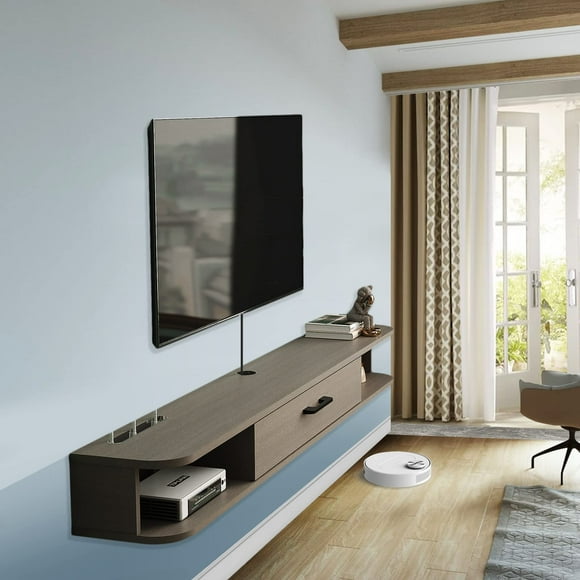 Pmnianhua Floating TV Stand,55'' Wall Mounted Floating TV Shelf for TVs up to 60 inches,Floating TV Unit with Shelves for Gaming Consoles Small Spaces Apartments Bedroom (Light Grey Oak)