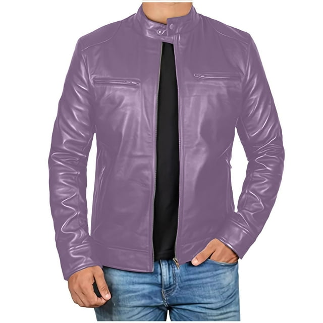 Leodye Men's Solid Color Retro Fashion Stand Collar Leather Jacket Motorcycle Lightweight Faux Leather Jacket Purple L(L)