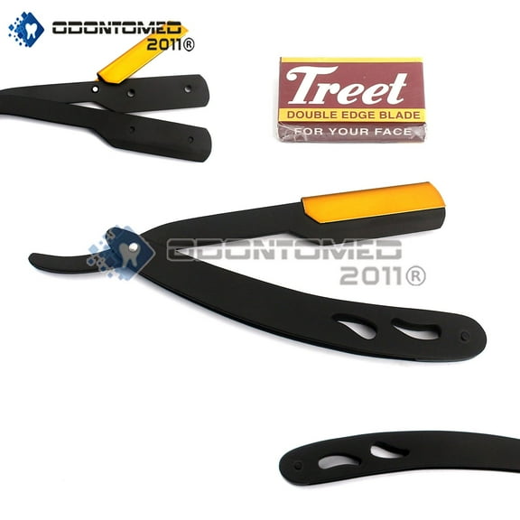 Odontomed2011 Straight Razor - Shaving Kit 100 Sharp Razor Blades Single for Straight Edge Razor That Break in 2 From 50 Double Edge Blades (Tactical Black & Gold With 50 Double Ege Blades)