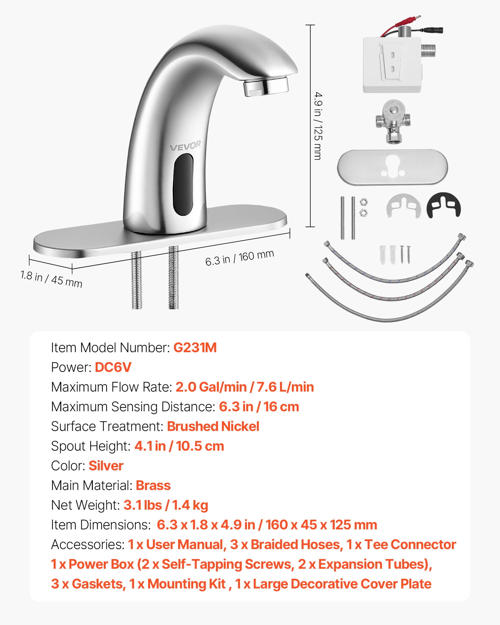 VEVOR Touchless Bathroom Sink Faucet, Automatic Motion Sensor Restroom Toilet Faucet with Hole Cover Plate, Battery Operated,Adjustable Temp for 9/16 in Pipe Commercial Lavatory,Brushed Nickel Silver