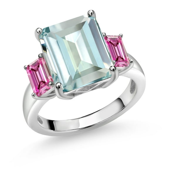 Gem Stone King 925 Sterling Silver 3-Stone Ring Octagon Sky Blue Simulated Aquamarine and Vivid Pink Moissanite (6.55 Cttw, Size 9)