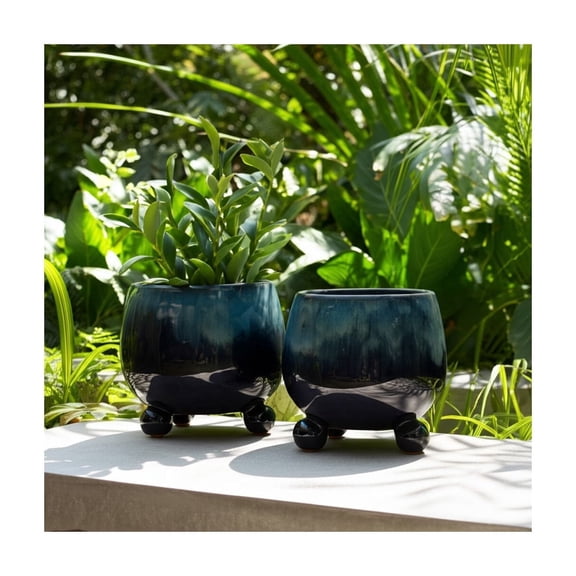 Ceramic and Ceramic Footed Round Planters with Triple Ball Base Design Set of 2