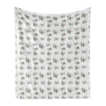 Floral Soft Flannel Fleece Throw Blanket, Paintings of Anemone Flowers with Leaves, Cozy Plush for Indoor and Outdoor Use, 70" x 90", White Multicolor, by Ambesonne
