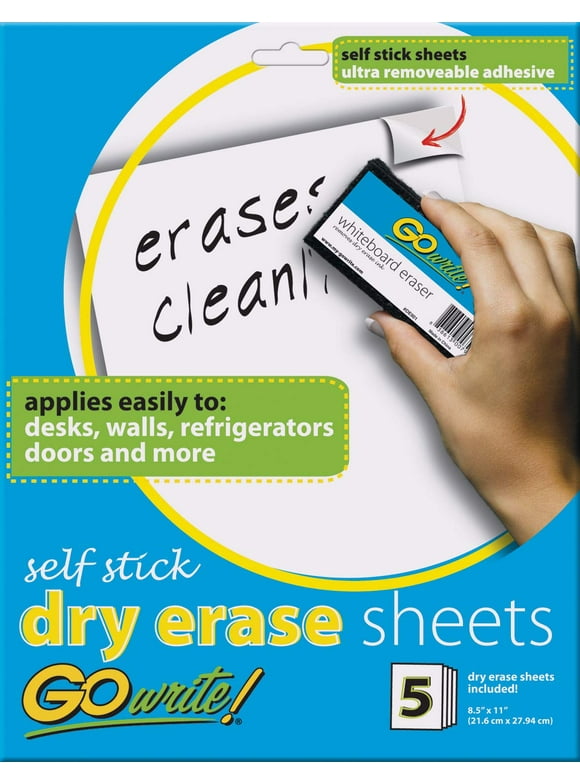 GoWrite! Dry Erase Sheets, Self-Adhesive, 8-1/2" x 11", White, 5 Sheets
