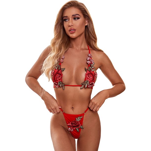 Conjunto de lencería sexy para mujer, conjunto de brasier y bragas con aros de dos piezas Rosa Rojo M Rosa Rojo M Xishao ropa
