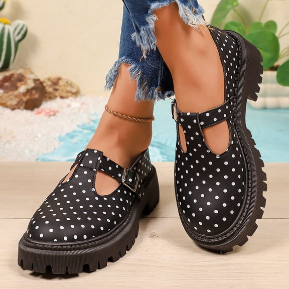 Willtoo Women Polka Dot T-Strap Mary Jane Platform Shoes, Adjustable Buckle Lug Sole Round Toe Chunky Loafers, Elegant Block Heel Non-Slip Slip-On Dress Shoes Casual Daily Work School Shoes
