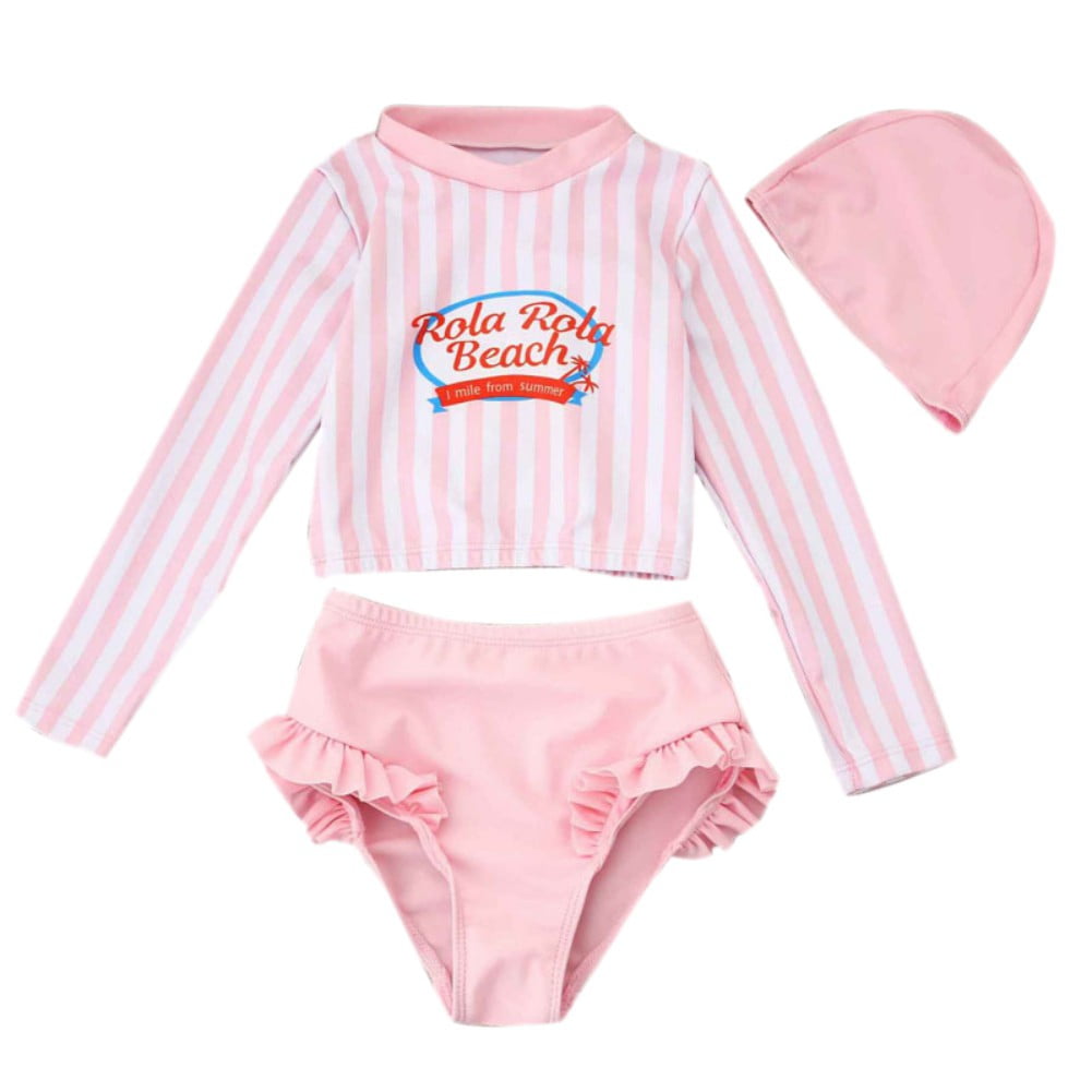 SYNPOS Toddler Girl Swimwear 3PC Long Sleeve Rash Guard Bathing Suit