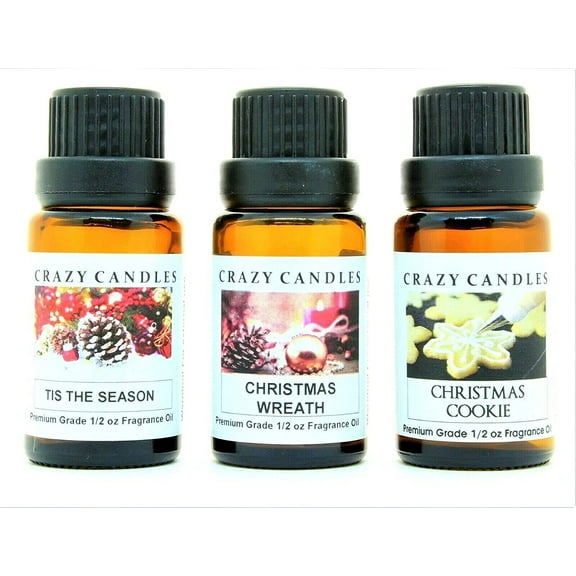 Crazy Candles 3 Bottles Set, 1 Tis The Season, 1 Christmas Wreath, 1 Christmas Cookie 1/2 Fl Oz Each (15ml) Premium Grade Scented Fragrance Oils