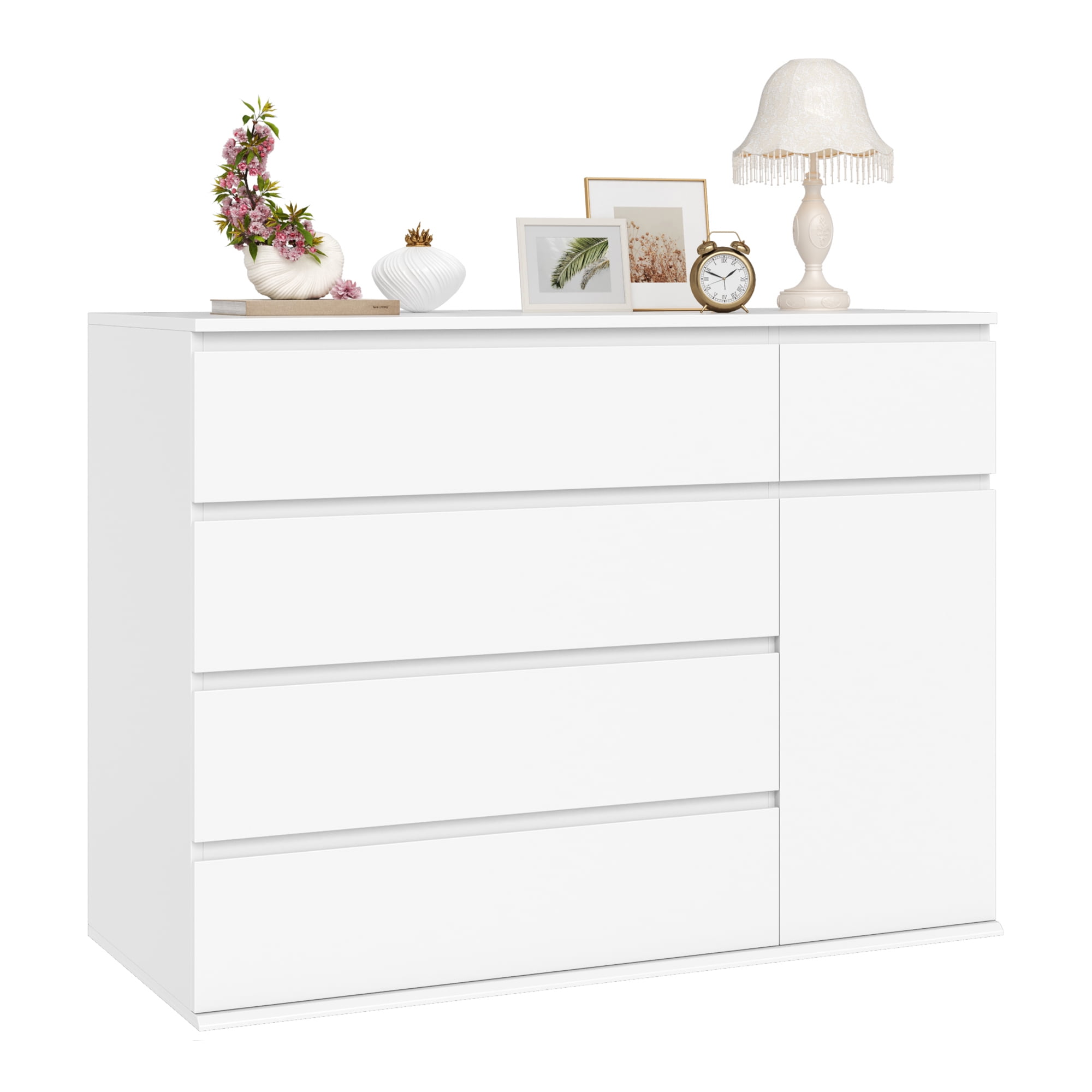 Homfa 5 Drawer White Dresser with Door, Modern Accent Storage Cabinet Chests of Drawers for Bedroom Living Room