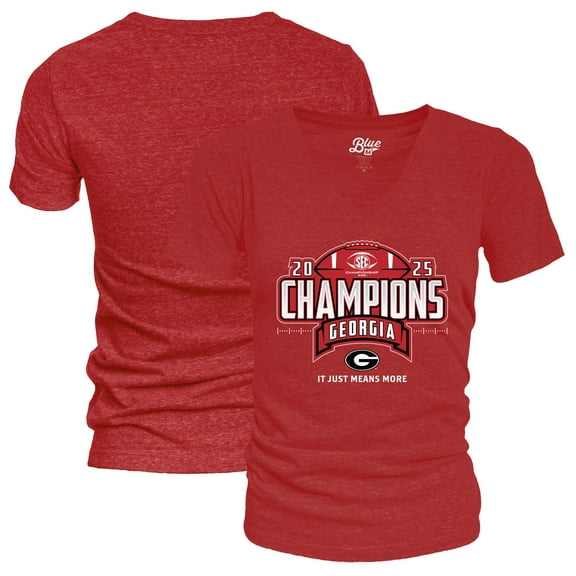 Women's Blue 84 Red Georgia Bulldogs 2025 SEC Football Champions Locker Room V-Neck T-Shirt