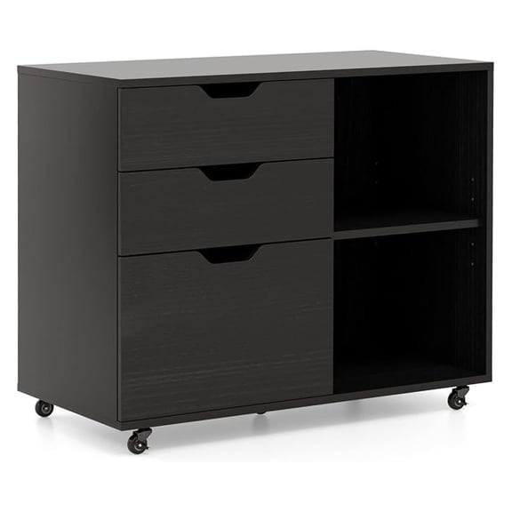 3-Drawer File Cabinet, Rolling Lateral Filing Cabinet with Open Storage Shelves, Under Desk Storage Organizer Fits Legal/A4/Letter Size Files, Wood Mobile Printer Stand for Home Office (Black)