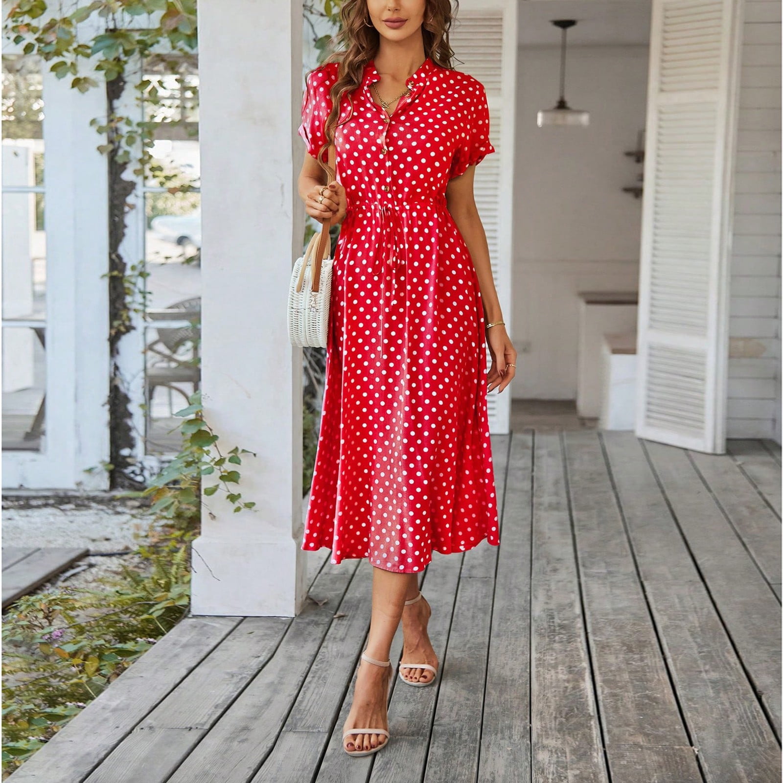 Women's Vintage Polka Dot Midi Dress Short Sleeve V-Neck Button Down Casual  Summer Dress with Adjustable Waist Tie