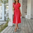 thumbnail image 2 of Women's Vintage Polka Dot Midi Dress Short Sleeve V-Neck Button Down Casual Summer Dress with Adjustable Waist Tie,Red L, 2 of 8