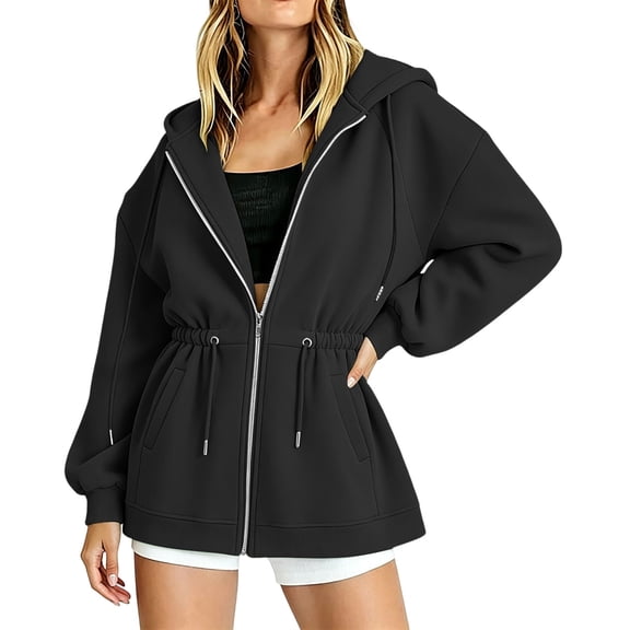 Risckoth Women's Full Zip Hoodie Drawstring Waist Cinched Design Fleece Lined Side Pockets Casual Pullover S-2XL