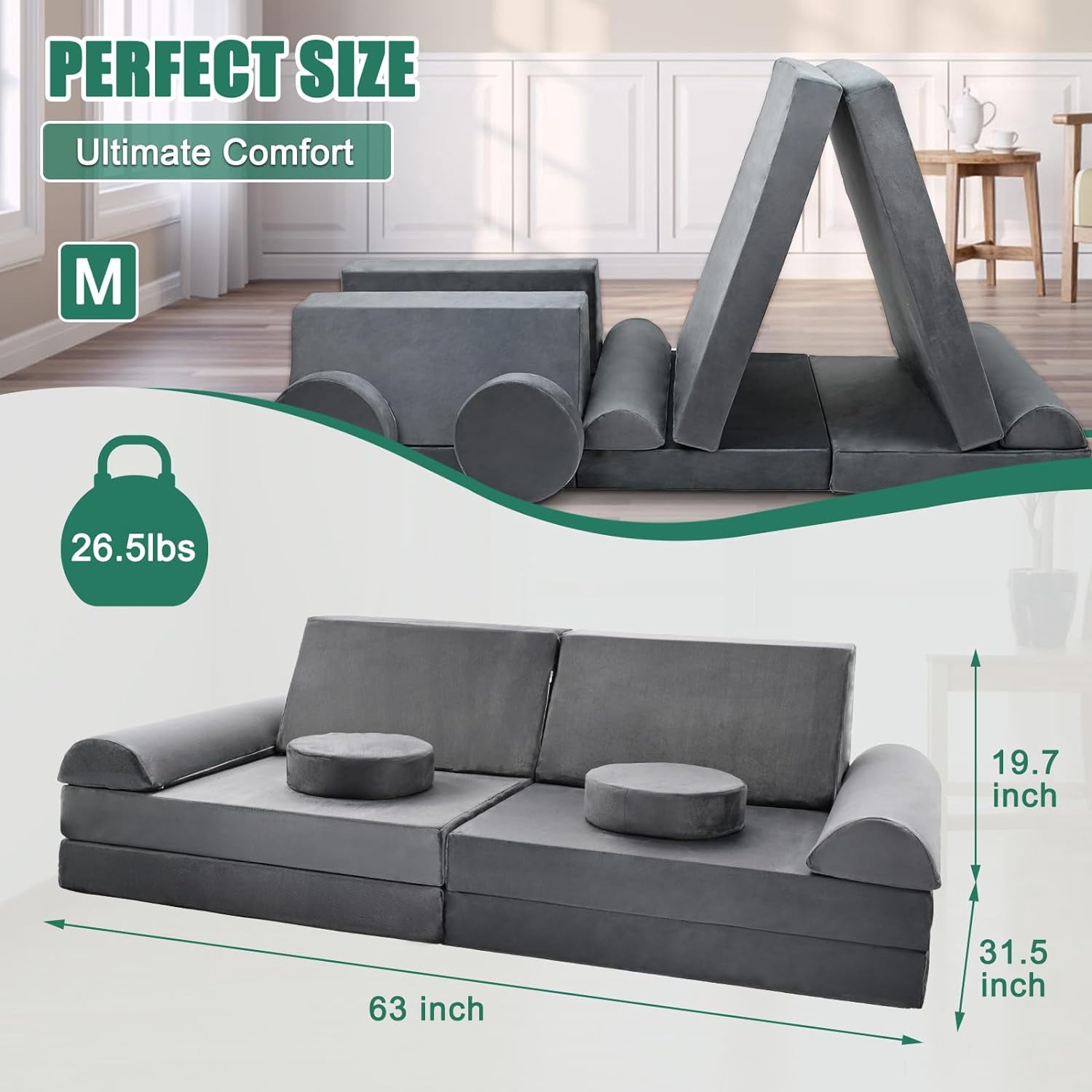 ABORON Kids Couch Play Set Modular Convertible Sofa 10 Piece Fold Out Couch for Bedroom Playroom, for Imaginative Toddler, Boy, Girl, Creative Baby Couch Toddler Couch